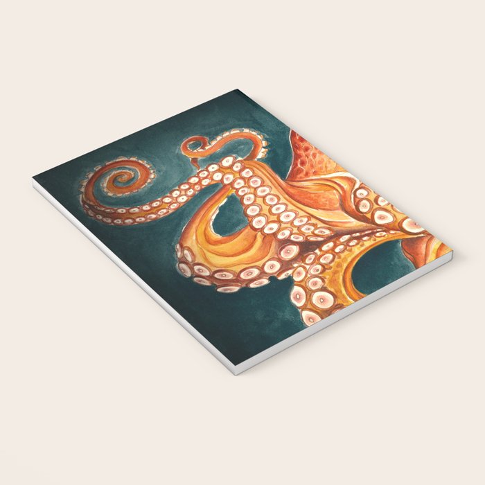 Orange Yellow Octopus in Dark Teal Ocean Watercolor Notebook Gallery Image 3
