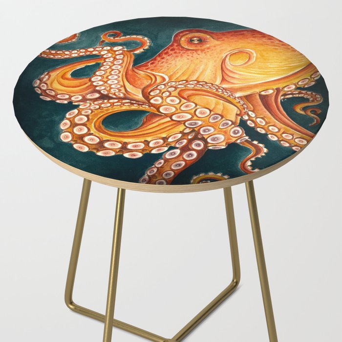 Orange Yellow Octopus in Dark Teal Ocean Watercolor Side Table Gallery Image 2
