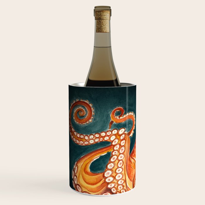 Orange Yellow Octopus in Dark Teal Ocean Watercolor Wine Chiller Gallery Image 2