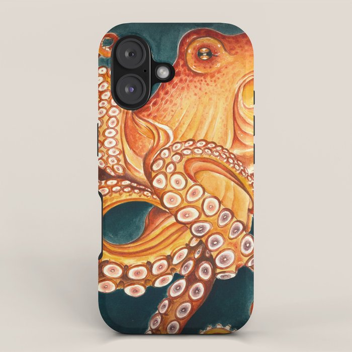 Orange Yellow Octopus in Dark Teal Ocean Watercolor iPhone Case Gallery Image 1
