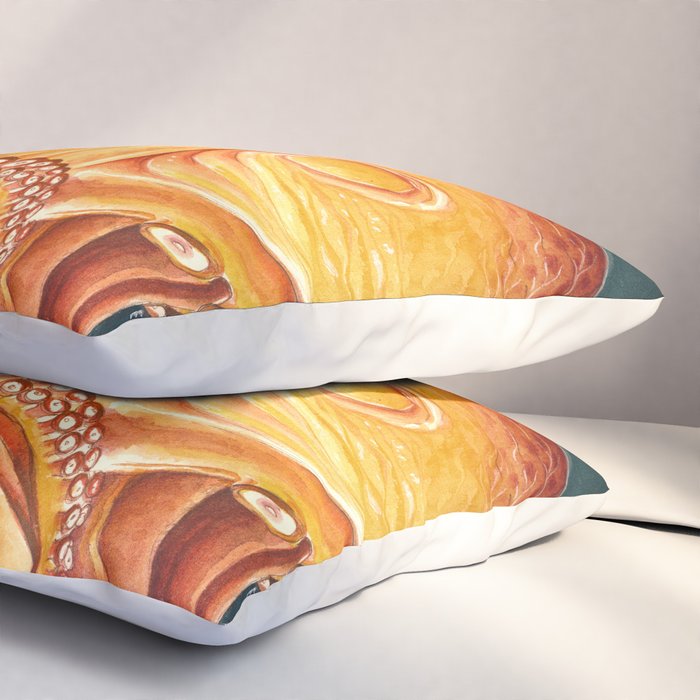 Orange Yellow Octopus in Dark Teal Ocean Watercolor Pillow Sham Gallery Image 3