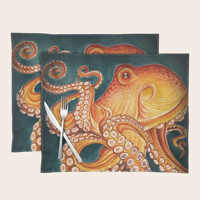Orange Yellow Octopus in Dark Teal Ocean Watercolor Placemat Gallery Image 1