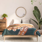 Orange Yellow Octopus in Dark Teal Ocean Watercolor Comforter Gallery Image 3