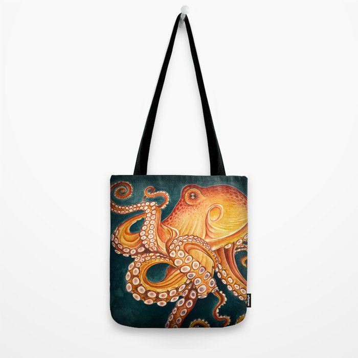 Orange Yellow Octopus in Dark Teal Ocean Watercolor Tote Bag Gallery Image 2