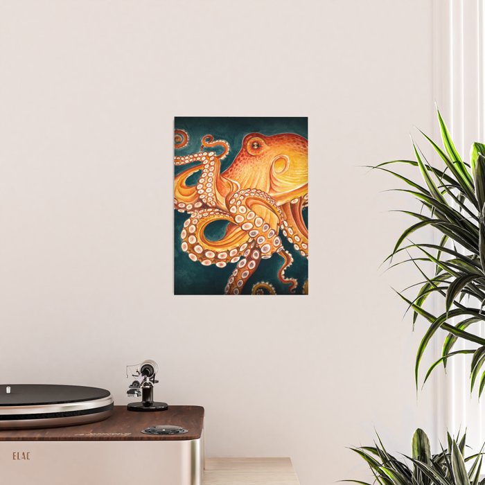 Orange Yellow Octopus in Dark Teal Ocean Watercolor Poster Gallery Image 2