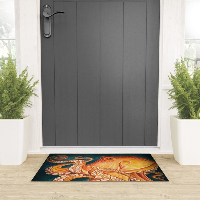 Orange Yellow Octopus in Dark Teal Ocean Watercolor Welcome Mat Gallery Image 3