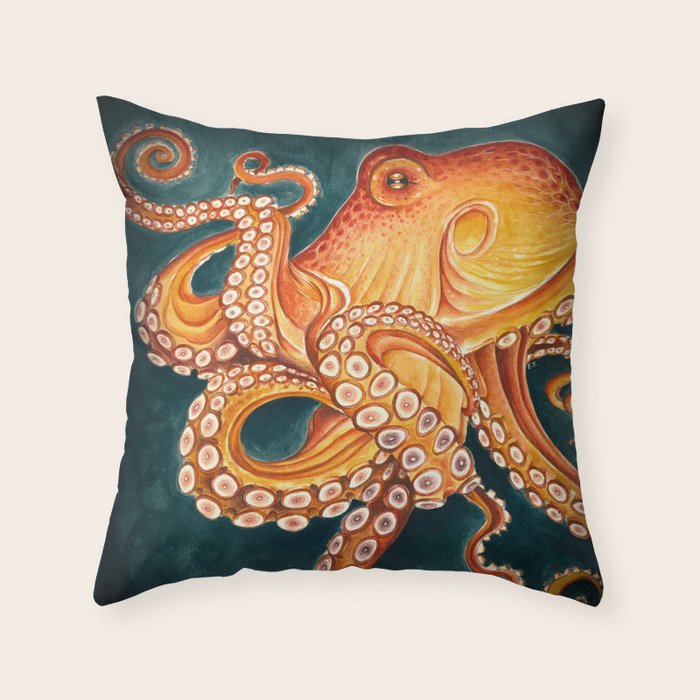 Orange Yellow Octopus in Dark Teal Ocean Watercolor Throw Pillow