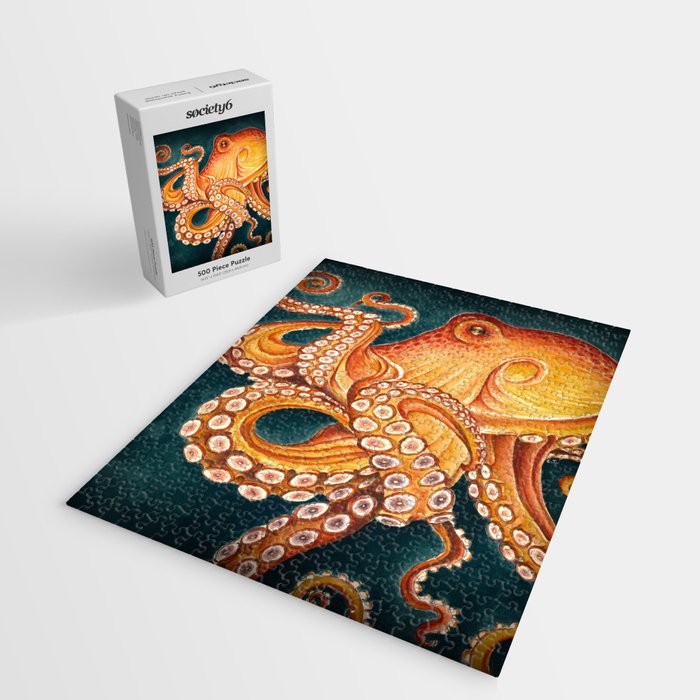 Orange Yellow Octopus in Dark Teal Ocean Watercolor Jigsaw Puzzle Gallery Image 2