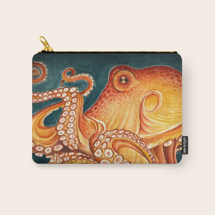 Orange Yellow Octopus in Dark Teal Ocean Watercolor Carry All Pouch Gallery Image 1