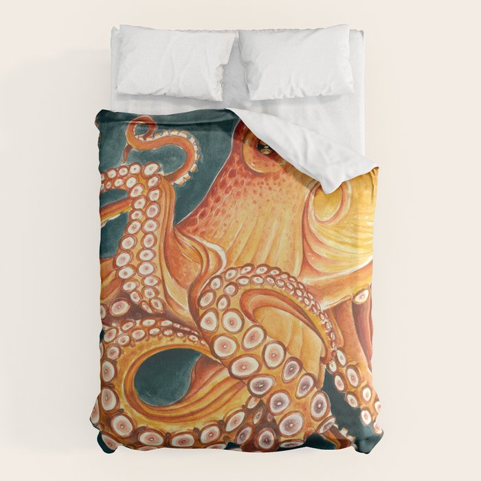 Orange Yellow Octopus in Dark Teal Ocean Watercolor Duvet Cover Gallery Image 6