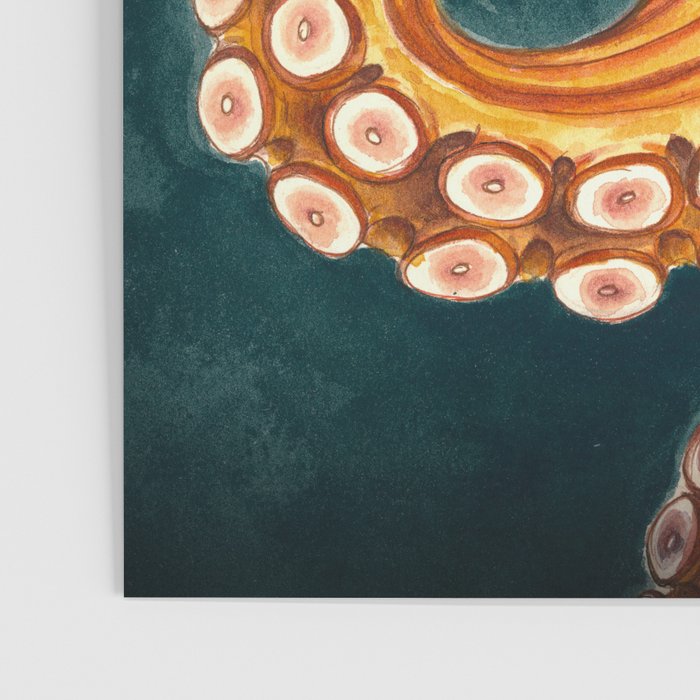 Orange Yellow Octopus in Dark Teal Ocean Watercolor Poster Gallery Image 3