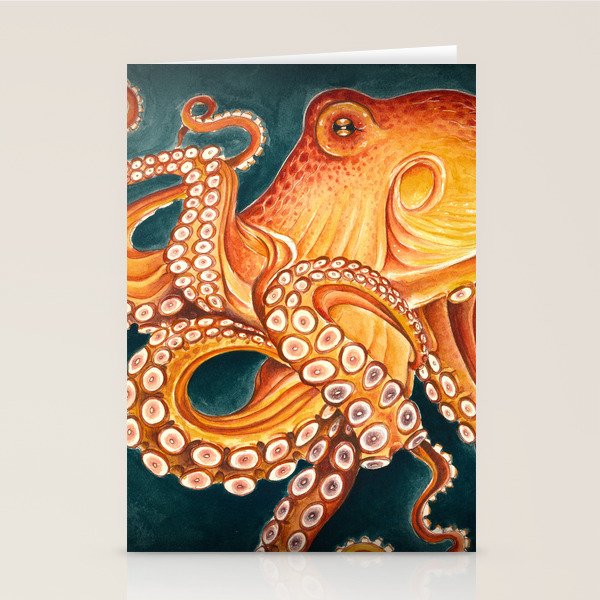 Orange Yellow Octopus in Dark Teal Ocean Watercolor Stationery Card Gallery Image 2
