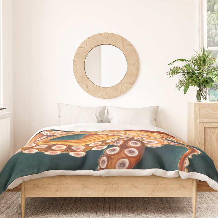 Orange Yellow Octopus in Dark Teal Ocean Watercolor Duvet Cover Gallery Image 3