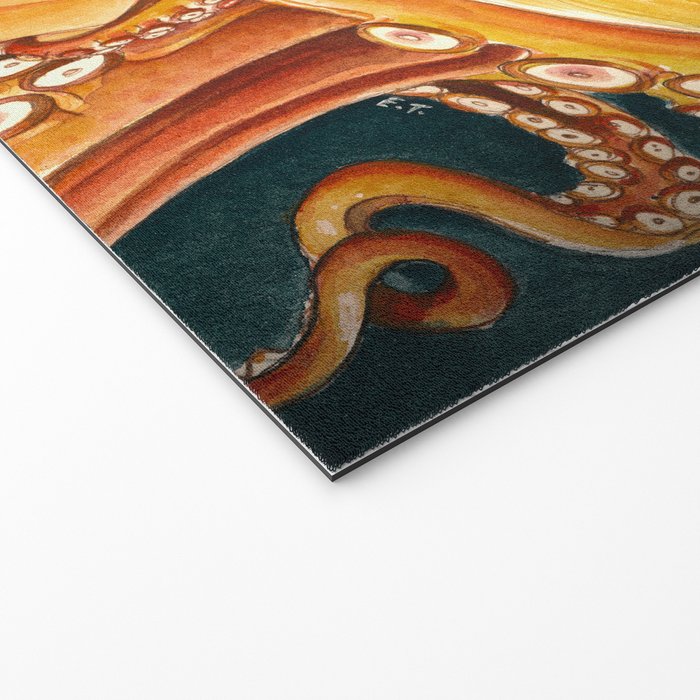 Orange Yellow Octopus in Dark Teal Ocean Watercolor Welcome Mat Gallery Image 2