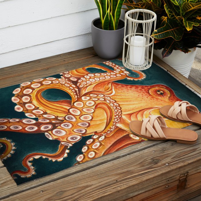 Orange Yellow Octopus in Dark Teal Ocean Watercolor Outdoor Rug Gallery Image 2