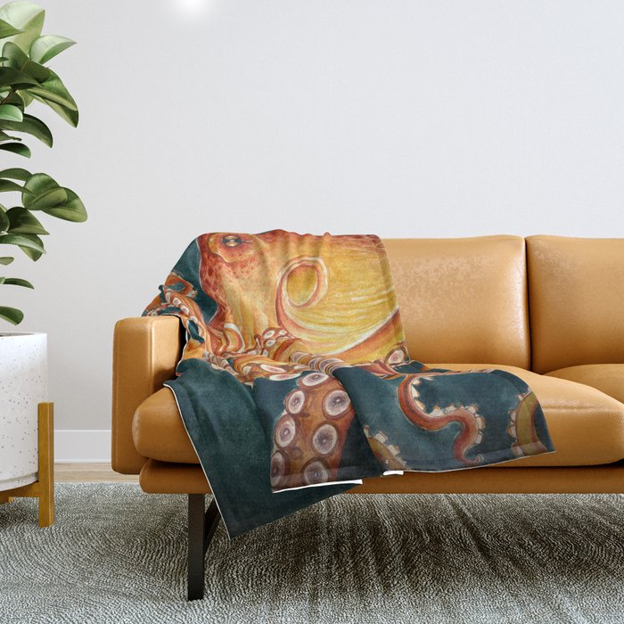 Orange Yellow Octopus in Dark Teal Ocean Watercolor Throw Blanket Gallery Image 1
