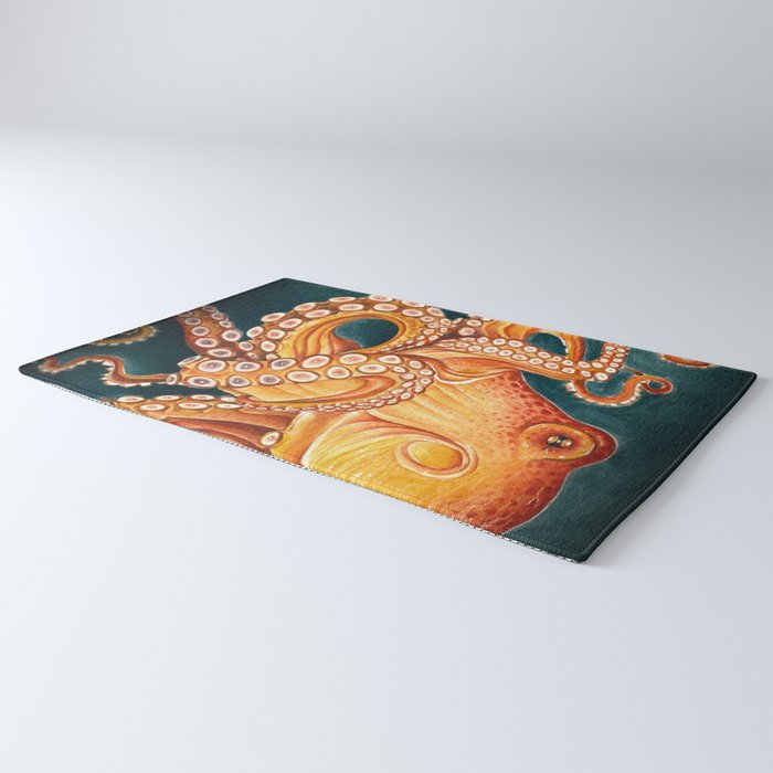 Orange Yellow Octopus in Dark Teal Ocean Watercolor Rug Gallery Image 3