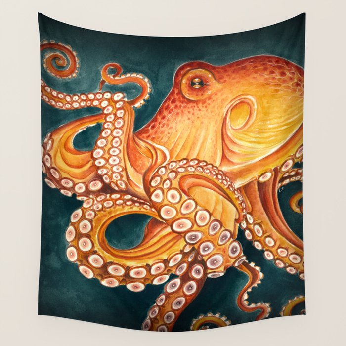 Orange Yellow Octopus in Dark Teal Ocean Watercolor Wall Tapestry Gallery Image 1