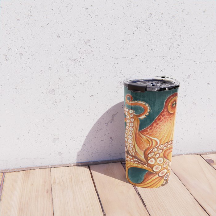 Orange Yellow Octopus in Dark Teal Ocean Watercolor Travel Mug Gallery Image 4