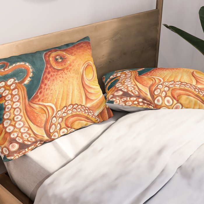 Orange Yellow Octopus in Dark Teal Ocean Watercolor Pillow Sham Gallery Image 2