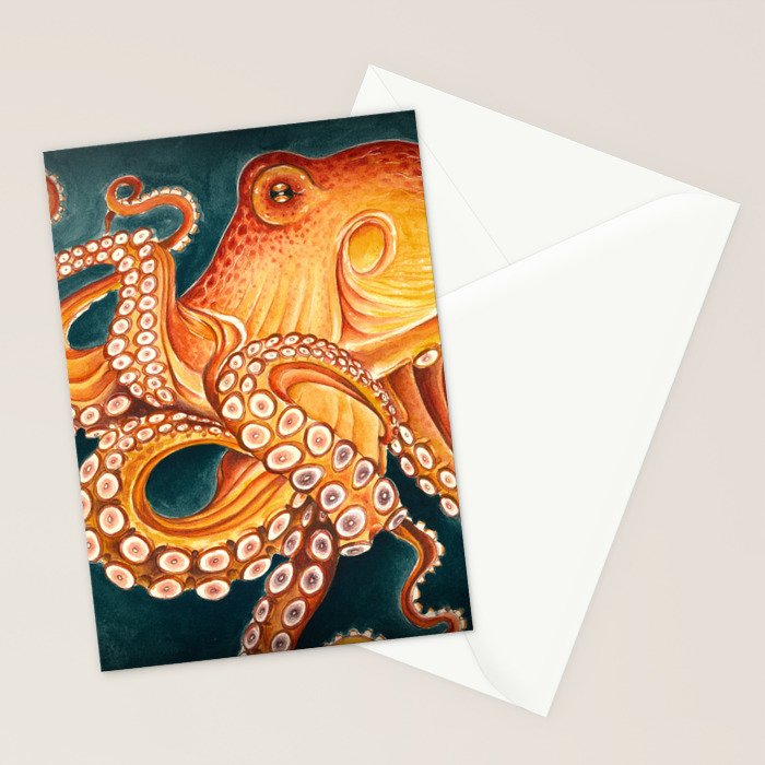 Orange Yellow Octopus in Dark Teal Ocean Watercolor Stationery Card Gallery Image 2