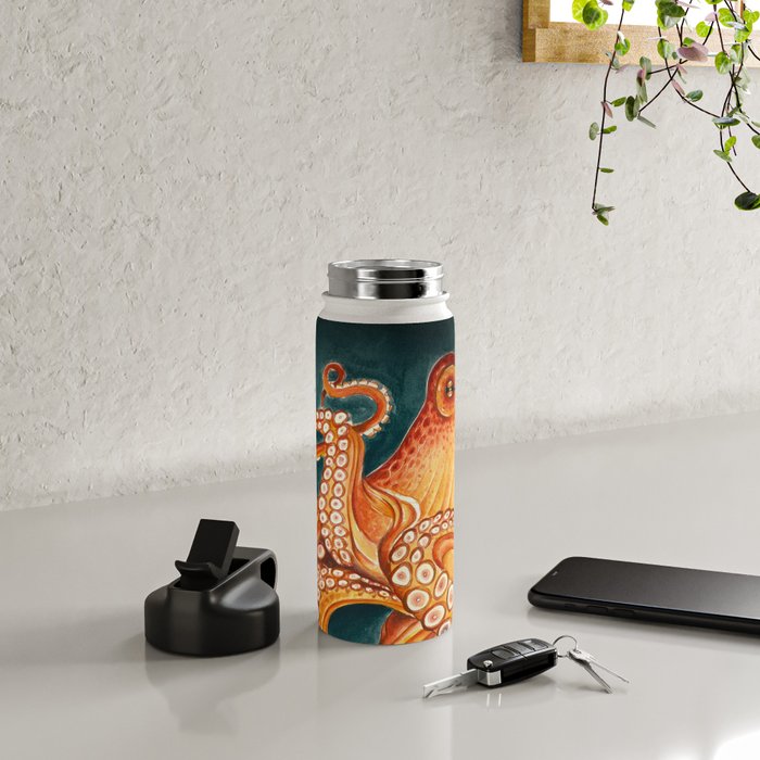 Orange Yellow Octopus in Dark Teal Ocean Watercolor Water Bottle Gallery Image 4