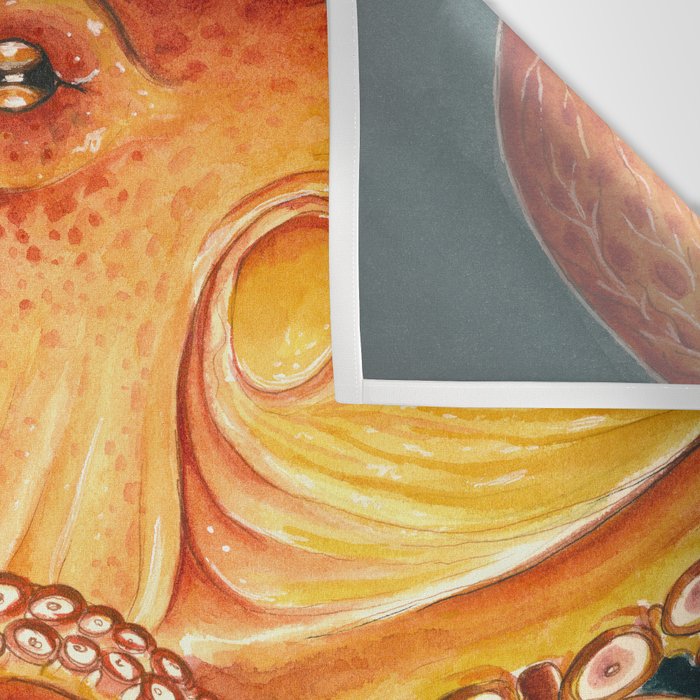 Orange Yellow Octopus in Dark Teal Ocean Watercolor Wall Tapestry Gallery Image 3