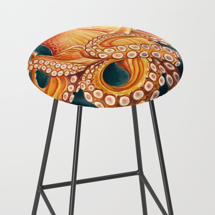 Orange Yellow Octopus in Dark Teal Ocean Watercolor Stool Gallery Image 2