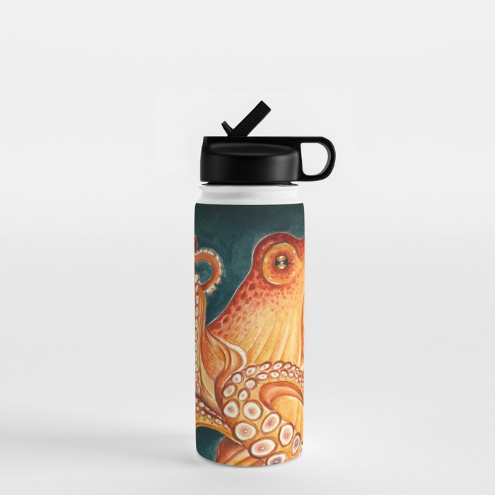 Orange Yellow Octopus in Dark Teal Ocean Watercolor Water Bottle Gallery Image 1