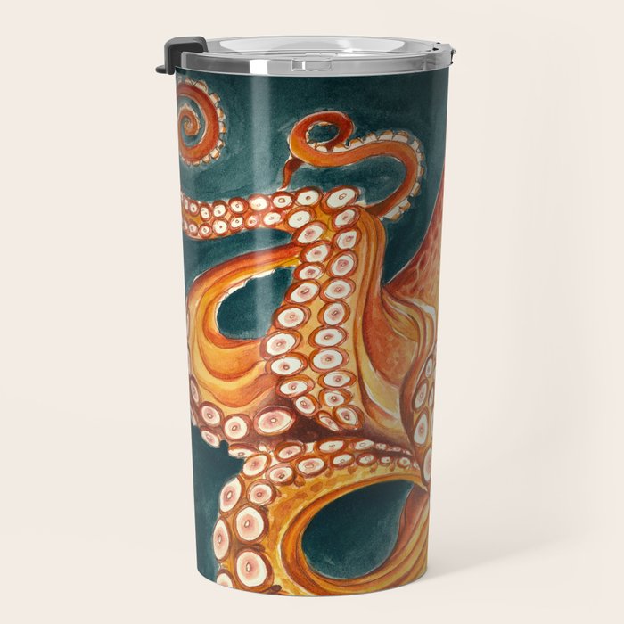 Orange Yellow Octopus in Dark Teal Ocean Watercolor Travel Mug Gallery Image 3