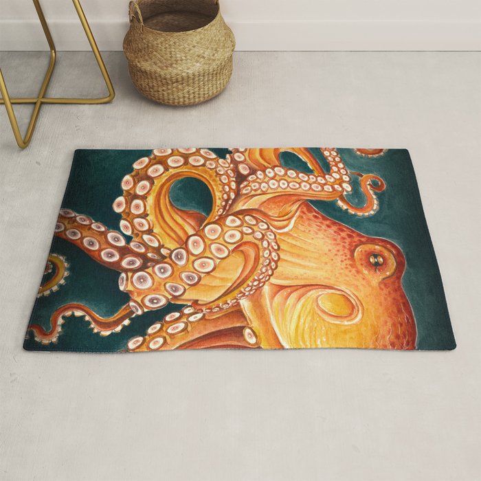Orange Yellow Octopus in Dark Teal Ocean Watercolor Rug Gallery Image 1