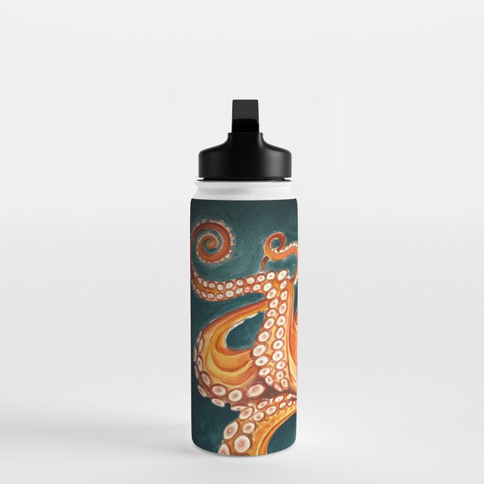 Orange Yellow Octopus in Dark Teal Ocean Watercolor Water Bottle Gallery Image 3