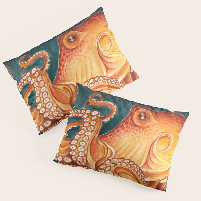 Orange Yellow Octopus in Dark Teal Ocean Watercolor Pillow Sham Gallery Image 3