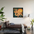 Orange Yellow Octopus in Dark Teal Ocean Watercolor Wood Wall Art Gallery Image 2