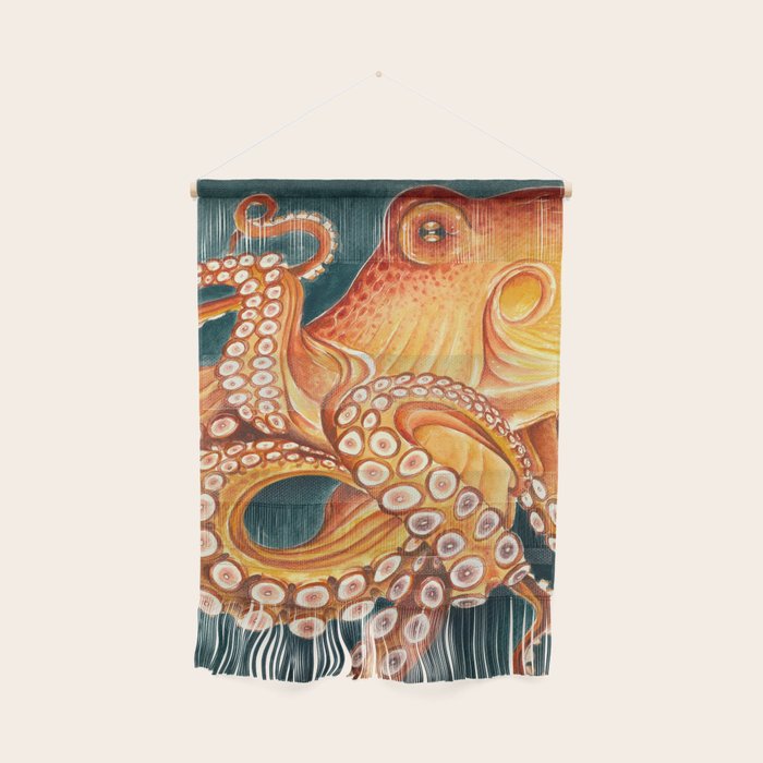 Orange Yellow Octopus in Dark Teal Ocean Watercolor Wall Hanging Gallery Image 1
