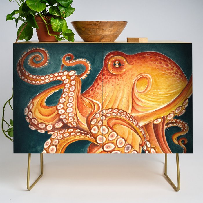 Orange Yellow Octopus in Dark Teal Ocean Watercolor Credenza Gallery Image 1