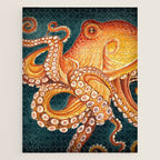 Orange Yellow Octopus in Dark Teal Ocean Watercolor Jigsaw Puzzle Gallery Image 1