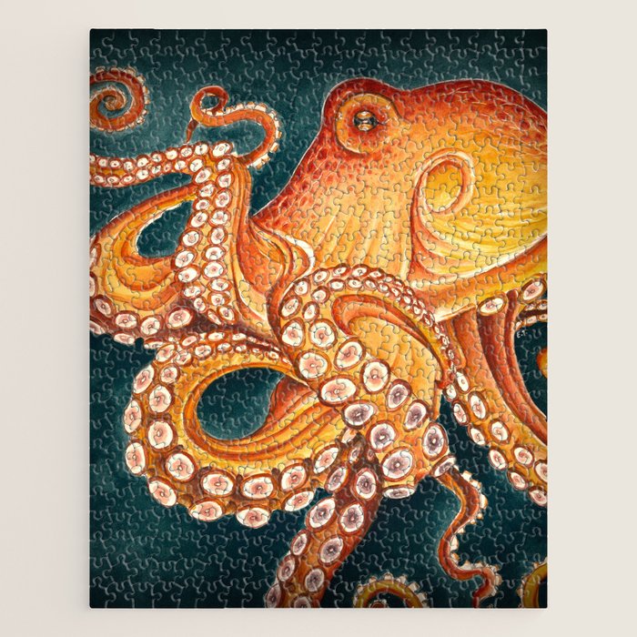 Orange Yellow Octopus in Dark Teal Ocean Watercolor Jigsaw Puzzle Gallery Image 1