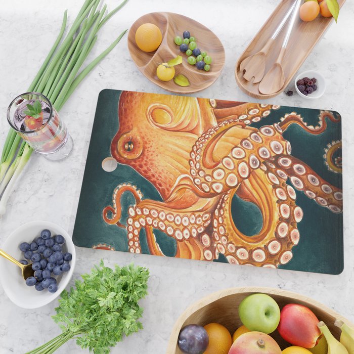 Orange Yellow Octopus in Dark Teal Ocean Watercolor Cutting Board Gallery Image 2