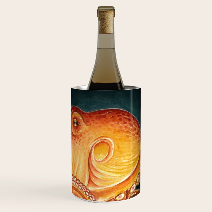 Orange Yellow Octopus in Dark Teal Ocean Watercolor Wine Chiller Gallery Image 3