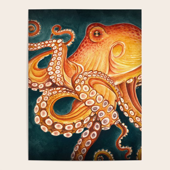 Orange Yellow Octopus in Dark Teal Ocean Watercolor Poster Gallery Image 1