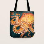Orange Yellow Octopus in Dark Teal Ocean Watercolor Tote Bag Gallery Image 1