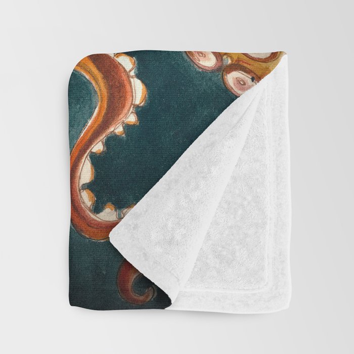 Orange Yellow Octopus in Dark Teal Ocean Watercolor Throw Blanket Gallery Image 3