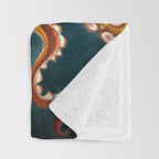 Orange Yellow Octopus in Dark Teal Ocean Watercolor Throw Blanket Gallery Image 3
