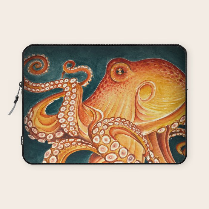 Orange Yellow Octopus in Dark Teal Ocean Watercolor Laptop Sleeve Gallery Image 1