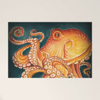 Orange Yellow Octopus in Dark Teal Ocean Watercolor Welcome Mat Gallery Image 1