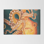 Orange Yellow Octopus in Dark Teal Ocean Watercolor Rug Gallery Image 2