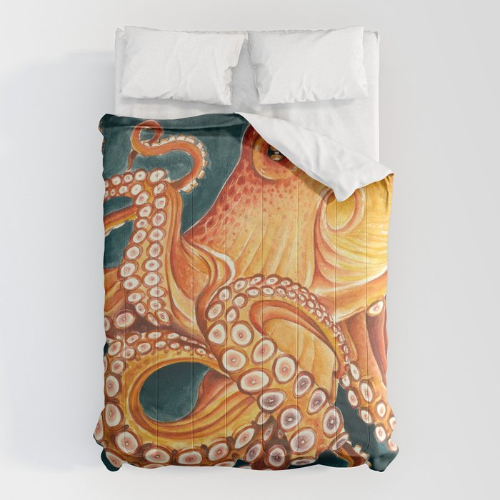 Orange Yellow Octopus in Dark Teal Ocean Watercolor Comforter Gallery Image 6