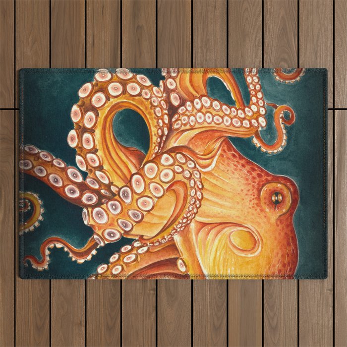 Orange Yellow Octopus in Dark Teal Ocean Watercolor Outdoor Rug Gallery Image 1