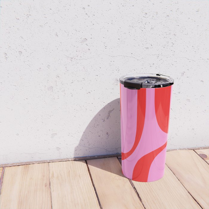 Retro Groove Abstract Pattern in Preppy Pink and Red Travel Mug Gallery Image 4